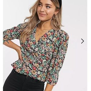 Pull & Bear | Floral Long Sleeve Wrap Peplum Blouse- Medium